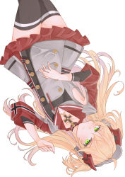 Rule 34 | 1girl, :&lt;, admiral hipper (azur lane), ahoge, arm warmers, armpit cutout, armpits, azur lane, black thighhighs, blonde hair, blush, breasts, buttons, choker, closed mouth, clothing cutout, collarbone, commentary request, cowboy shot, cross, double-breasted, green eyes, grey shirt, hair between eyes, hand on own stomach, headgear, highres, iron cross, long hair, looking at viewer, lying, on back, pen, pleated skirt, red skirt, saekiya sabou, shirt, sidelocks, simple background, skirt, small breasts, solo, thighhighs, two side up, white background, zettai ryouiki