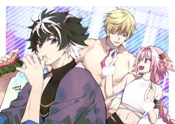 Rule 34 | 3boys, alternate costume, astolfo (fate), black hair, blonde hair, blue eyes, charlemagne (fate), closed mouth, crumbs, detached collar, eating, fate/grand order, fate (series), feeding, food, food on face, long hair, long sleeves, looking at another, looking at viewer, male focus, multicolored hair, multiple boys, necktie, open mouth, pink eyes, pink hair, pink necktie, roland (fate), sandwich, short hair, sleeveless, smile, wand3754, white hair