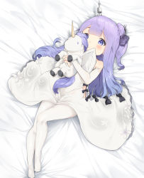 Rule 34 | 1girl, ahoge, applepie (12711019), azur lane, bare shoulders, bed sheet, black bow, black ribbon, blush, bow, covered navel, detached sleeves, dress, full body, hair bun, hair ribbon, highres, holding, holding stuffed toy, long hair, looking at viewer, lying, no shoes, hugging object, on back, one side up, pantyhose, purple eyes, purple hair, ribbon, side bun, single hair bun, single side bun, solo, stuffed animal, stuffed toy, stuffed unicorn, stuffed winged unicorn, unicorn (azur lane), white dress, white pantyhose