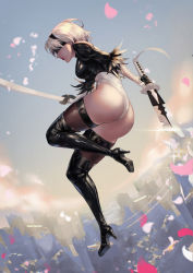Rule 34 | 1girl, absurdres, arm at side, ass, black dress, black footwear, black gloves, black hairband, black shirt, black thighhighs, blindfold, boots, breasts, brown thighhighs, building, city, covered eyes, cropped shirt, cross-laced footwear, day, dress, dual wielding, feather-trimmed sleeves, feather trim, from side, full body, gloves, hair over eyes, hairband, hand up, high heel boots, high heels, highleg, highleg leotard, highres, holding, holding sword, holding weapon, juliet sleeves, katana, leotard, long sleeves, medium breasts, midair, mole, mole under mouth, nier (series), nier:automata, no pants, nose, outdoors, parted lips, petals, pillar, post-apocalypse, puffy sleeves, qsun, red lips, ruins, shirt, short hair, silver hair, skin tight, skirt, unworn skirt, sky, solo, sword, tassel, thigh boots, thighhighs, thighhighs under boots, thong leotard, turtleneck, vambraces, weapon, white leotard, 2b (nier:automata)