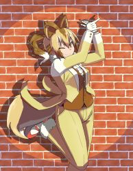 Rule 34 | 1girl, ;), animal ears, arms up, belt, brick wall, brown eyes, brown hair, brown vest, buttons, closed mouth, commentary request, cowboy shot, dingo (kemono friends), dog ears, dog tail, formal, fur-trimmed pants, fur collar, fur trim, gloves, hair between eyes, hane (kirschbaum), high ponytail, highres, kemono friends, leg up, light brown hair, long hair, long sleeves, looking at viewer, multicolored hair, one eye closed, own hands together, pants, pocket, ponytail, red footwear, running bond, shadow, shadow puppet, shoes, smile, solo, standing, standing on one leg, suit, tail, tailcoat, tsurime, vest, white hair