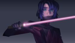 Rule 34 | 1boy, athrun zala, beam saber, blue hair, closed mouth, frown, green eyes, grey background, gundam, gundam seed, hair between eyes, holding, holding lightsaber, holding sword, holding weapon, jacket, lightsaber, long sleeves, looking at viewer, male focus, nito minatsuki, red jacket, short hair, solo, sword, weapon