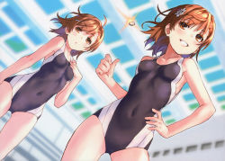 Rule 34 | 2girls, :o, absurdres, ahoge, bare arms, bare shoulders, black one-piece swimsuit, breasts, brown eyes, brown hair, coin, competition swimsuit, covered navel, dutch angle, flower, gluteal fold, grin, hair flower, hair ornament, hairclip, hand on own chest, hand on own hip, hand up, highres, huge filesize, matching hair/eyes, misaka imouto, misaka mikoto, multiple girls, one-piece swimsuit, parted lips, raika9, scan, school swimsuit, siblings, sisters, small breasts, smile, standing, swimsuit, thighs, third-party edit, toaru kagaku no railgun, toaru majutsu no index, tokiwadai school swimsuit, twitter username, white flower