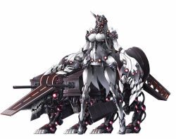 Rule 34 | 10s, 1girl, abyssal ship, bare shoulders, claws, colored skin, detached sleeves, dress, full body, glowing, glowing eyes, horns, kantai collection, machinery, mecha, mechanization, red eyes, ribbed dress, robot, seaport princess, simple background, single horn, solo, takamaru, takamaru (taka1220), turret, white background, white dress, white hair, white skin