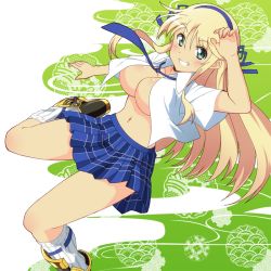 Rule 34 | 10s, 1girl, armor, armored boots, blonde hair, blue necktie, blue ribbon, blue skirt, blush, boots, breasts, cleavage, crop top, crop top overhang, green eyes, grin, hair ribbon, hairband, katsuragi (senran kagura), large breasts, long hair, looking at viewer, miniskirt, mokkei, navel, necktie, no bra, open clothes, open shirt, plaid, plaid skirt, pleated skirt, ribbon, school uniform, senran kagura, shirt, short sleeves, skirt, smile, socks, solo, stomach, striped clothes, striped socks, underboob, vertical-striped clothes, vertical-striped socks, white shirt
