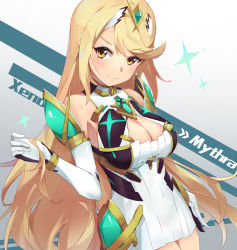 Rule 34 | bare shoulders, blonde hair, breasts, chest jewel, cleavage, cleavage cutout, clothing cutout, dress, earrings, elbow gloves, gloves, highres, jewelry, kiiro kimi, large breasts, long hair, mythra (xenoblade), nintendo, short dress, super smash bros., swept bangs, tiara, very long hair, white dress, white gloves, xenoblade chronicles (series), xenoblade chronicles 2, yellow eyes