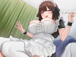 Rule 34 | 1girl, apron, black dress, breasts, brown hair, commentary request, copyright request, curtains, dress, frilled apron, frills, hair between eyes, half-closed eyes, highres, holding, hoshimiya aki, indoors, lap pillow invitation, large breasts, looking at viewer, maid, mimikaki, mole, mole on breast, official art, puffy short sleeves, puffy sleeves, purple eyes, short sleeves, sitting, solo, thighhighs, wariza, white apron, white thighhighs, wrist cuffs