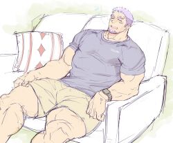 Rule 34 | 1boy, bara, casual, couch, dark-skinned male, dark skin, facial hair, feet out of frame, forked eyebrows, goatee, highres, large pectorals, live a hero, long sideburns, male focus, mature male, muscular, muscular male, on couch, pectorals, purple hair, scar, scar on arm, scar on leg, shaft (live a hero), short hair, sideburns, sketch, sleeping, solo, thick eyebrows, thick thighs, thighs, watch, wristwatch, yakisoba ohmori, zzz