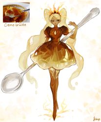 Rule 34 | 1girl, absurdres, artist name, cleavage cutout, clothing cutout, commentary, creme brulee, crown, dress, english commentary, full body, highres, matilda fiship, original, oversized object, personification, puffy short sleeves, puffy sleeves, reference inset, short sleeves, simple background, solo, spoon, twintails