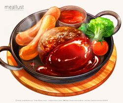 Rule 34 | artist name, cutlet, food, food focus, gravy boat, haruna macpro, highres, lettuce, meat, no humans, original, plate, sauce, sausage, simple background, sparkle, tomato, wooden plate