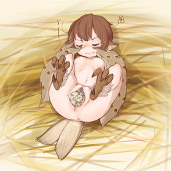 Rule 34 | 1girl, breasts, brown hair, censored, claws, egg laying, feathers, harpy, monster girl, nipples, short hair, small breasts, solo, sudumenooyado, tail