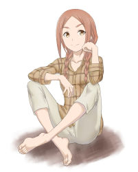 Rule 34 | 10s, 1girl, arm rest, bad id, bad pixiv id, barefoot, braid, brown eyes, brown hair, capri pants, casual, head rest, collarbone, crossed ankles, eyebrows, feet, flying witch, full body, highres, ishiwatari nao, long sleeves, looking at viewer, pants, plaid, plaid shirt, shirt, simple background, sitting, smile, solo, souji kurokawa, thick eyebrows, toes, twin braids