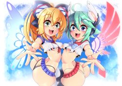 Rule 34 | 2girls, ahoge, arched back, ass, azure striker gunvolt, blonde hair, blush, breasts, butt crack, butterfly hair ornament, cosplay, green eyes, green hair, hair ornament, headgear, highleg, highleg panties, joule (gunvolt), kantai collection, long hair, looking at viewer, microskirt, multiple girls, open mouth, outstretched arm, panties, ponytail, purple eyes, roro (gunvolt), sanagi semi, semikichi, shimakaze (kancolle), shiny skin, short hair, skirt, small breasts, smile, thighhighs, thong, underboob, underwear, wings
