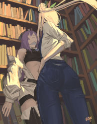 Rule 34 | 2girls, absurdres, airani iofifteen, ass, book, bookshelf, boots, breasts, faceless, faceless female, from behind, highres, hololive, hololive indonesia, jacket, kabedon, long hair, midriff, moona hoshinova, multiple girls, off shoulder, open clothes, open jacket, open mouth, overalls, pink hair, purple hair, shirt, side ponytail, t-shirt, thigh boots, thighhighs, ubf, virtual youtuber, yuri