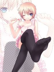 Rule 34 | 1boy, absurdres, apron, bad id, bad pixiv id, blonde hair, blue eyes, candy, crossdressing, crossed legs, feet, food, foot focus, foreshortening, highres, legs, licking lips, lollipop, looking at viewer, male focus, naked apron, nana mikoto, one eye closed, original, polka dot, short hair, sitting, soles, solo, strap slip, thighhighs, tongue, tongue out, trap, wink, zoom layer