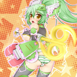 Rule 34 | akua1117, armor, breasts, duel monster, green hair, long hair, panties, personification, ponytail, star (symbol), striped clothes, striped panties, thighhighs, underwear, windup, windup soldier, yellow eyes, yu-gi-oh!, yu-gi-oh! duel monsters