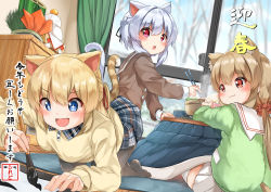 Rule 34 | + +, 3girls, :d, :t, animal ears, blonde hair, blue eyes, blurry, blurry background, blush, breasts, brown hair, brown sailor collar, brown shirt, calligraphy brush, cat ears, cat girl, cat tail, chopsticks, closed mouth, commentary request, curtains, day, depth of field, eating, food, green sweater, hair between eyes, hair ornament, hair scrunchie, highres, holding, holding chopsticks, holding paintbrush, indoors, kadomatsu, kagami mochi, long hair, low twintails, multiple girls, open mouth, original, paintbrush, pantyhose, pleated skirt, red eyes, red hair, red scrunchie, sailor collar, scrunchie, shirt, sitting, skirt, small breasts, smile, sora (silent square), sweater, tail, thighhighs, translation request, twintails, very long hair, wavy mouth, white legwear, white sailor collar, white skirt, window