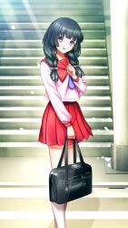 Rule 34 | 1girl, :d, bag, black hair, blue neckerchief, blunt bangs, blush, braid, day, doukyuusei another world, game cg, holding, holding bag, kakyuusei, kamiyama miko, long hair, long sleeves, looking at viewer, low twintails, miniskirt, neckerchief, open mouth, outdoors, pink shirt, pleated skirt, purple eyes, red sailor collar, red skirt, sailor collar, sailor shirt, school uniform, serafuku, shirt, skirt, smile, solo, stairs, standing, sunlight, twin braids, twintails