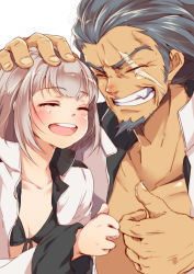 Rule 34 | 10s, 1boy, 1girl, :d, ^ ^, admiral (kancolle), bikini, bikini under clothes, black bikini, black bra, blue hair, blush, bra, closed eyes, closed eyes, facial hair, female admiral (kancolle), goatee, grandfather and granddaughter, grin, hand on another&#039;s head, kantai collection, manly, mataichi mataro, military, military uniform, narumi tsuyu, open clothes, open mouth, scar, short hair, smile, swimsuit, swimsuit under clothes, thumbs up, underwear, uniform