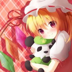 Rule 34 | 1girl, argyle, argyle background, argyle clothes, blonde hair, blush, dress, fang, female focus, flandre scarlet, hat, hat ribbon, highres, hong meiling, hong meiling (panda), hugging doll, hugging object, looking at viewer, mob cap, nicoby, puffy sleeves, red dress, red eyes, ribbon, shirt, short sleeves, side ponytail, smile, star (symbol), touhou, wings