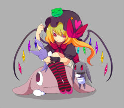 Rule 34 | 1girl, alternate costume, blonde hair, collar, female focus, flandre scarlet, grey background, harano, hat, needle, red eyes, ribbon, sewing, simple background, sitting, socks, solo, spiked collar, spikes, striped clothes, striped socks, stuffed animal, stuffed rabbit, stuffed toy, touhou, wings