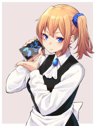 Rule 34 | 1girl, apron, black dress, black vest, blonde hair, blue eyes, blue scrunchie, breasts, closed mouth, collared shirt, commentary request, dress, hair between eyes, hair ornament, hair scrunchie, hayasaka ai, highres, holding, holding phone, jewelry, kaguya-sama wa kokurasetai ~tensai-tachi no renai zunousen~, long sleeves, looking at viewer, medium hair, mikan (chipstar182), one side up, phone, scrunchie, shirt, side ponytail, simple background, solo, striped, vest, white shirt