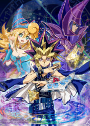 Rule 34 | 1girl, bare shoulders, blonde hair, blue eyes, breasts, cleavage, commentary request, dark magician, dark magician girl, detached sleeves, duel monster, dyed bangs, hat, kaze-hime, long hair, multiple boys, smile, yami yugi, yu-gi-oh!, yu-gi-oh! duel monsters