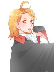 Rule 34 | 1girl, ahoge, ascot, black cape, blush, braid, cape, collared shirt, commentary request, facial mark, fangs, highres, kashikaze, long sleeves, looking at viewer, love live!, love live! sunshine!!, medium hair, open mouth, orange hair, red eyes, shirt, side braid, simple background, solo, takami chika, teeth, upper body, vampire, white ascot, white background, white shirt