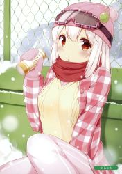 Rule 34 | 1girl, absurdres, aran sweater, beanie, blunt bangs, blush, breasts, cable knit, can, chain-link fence, day, fence, goggles, goggles on headwear, hair between eyes, hand up, hat, hat pin, highres, holding, holding can, jacket, karutamo, long hair, long sleeves, looking at viewer, medium breasts, mittens, open clothes, open jacket, original, outdoors, pants, parted lips, pink hat, pink pants, plaid, plaid jacket, pom pom (clothes), red eyes, red scarf, scan, scarf, sitting, ski goggles, snow, snowing, solo, sweater, tisshu (karutamo), white hair, winter clothes, yellow sweater