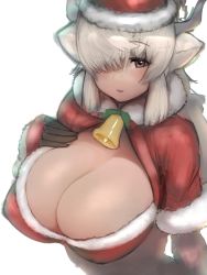 Rule 34 | 1girl, animal ears, arm at side, bell, breasts, brown eyes, center opening, cleavage, fur-trimmed sleeves, fur collar, fur trim, gloves, grey horns, hair over one eye, hand on own chest, hand up, hat, highres, horns, huge breasts, jingle bell, kemono friends, long hair, looking at viewer, ox ears, ox horns, parted lips, santa costume, santa hat, shibori kasu, short sleeves, sketch, smile, solo, upper body, very long hair, white hair, yak (kemono friends)