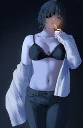 Rule 34 | 1girl, black bra, bra, breasts, chainsaw man, cigarette, collarbone, collared shirt, dress shirt, eyepatch, giganticbuddha, highres, himeno (chainsaw man), large breasts, lighting cigarette, looking at viewer, navel, one eye covered, open clothes, open shirt, pants, shirt, short hair, smoking, solo, standing, stomach, unbuttoned, unbuttoned shirt, underwear, undressing, upper body, white shirt