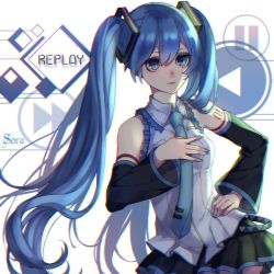 Rule 34 | 1girl, artist name, backlighting, bare shoulders, blue eyes, blue hair, blue nails, blue necktie, blush, chromatic aberration, closed mouth, collared shirt, curly hair, grey shirt, hair ornament, hand on own hip, hatsune miku, holding, long hair, long sleeves, nail polish, necktie, nose blush, pleated skirt, shirt, simple background, skirt, sleeveless, sleeveless shirt, smile, solo, sora (soramame), twintails, upper body, very long hair, vocaloid, wide sleeves, wing collar