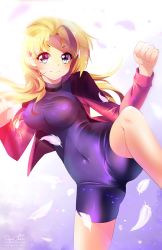 Rule 34 | 10s, 1girl, artist name, blonde hair, blue eyes, blush, breasts, cameltoe, choker, clenched hands, closed mouth, collar, covered erect nipples, covered navel, cowboy shot, cropped jacket, eyebrows, eyelashes, feathers, fighting stance, fuurinji miu, hair ornament, hairclip, hands up, highres, impossible clothes, jacket, large breasts, leg up, long hair, long sleeves, looking at viewer, mole, mole under eye, open clothes, open jacket, pink jacket, shijou saikyou no deshi ken&#039;ichi, short eyebrows, signature, skin tight, smile, solo, squchan, standing, standing on one leg, taut clothes, turtleneck, unitard, watermark, web address, wide-eyed
