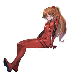 Rule 34 | 1girl, blue eyes, bodysuit, breasts, character name, curvy, full body, hair ornament, highres, invisible chair, lips, long hair, looking at viewer, medium breasts, neon genesis evangelion, plugsuit, raijuu (bakanara), shiny clothes, shiny skin, simple background, sitting, solo, souryuu asuka langley, two side up, very long hair, white background, wide hips