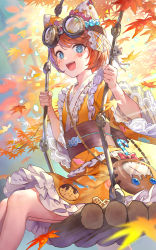 Rule 34 | 1girl, :d, autumn leaves, bag, blue eyes, blush, brown hair, chain, commentary request, facial mark, feet out of frame, frilled kimono, frills, goggles, goggles on head, hat, heart, highres, identity v, japanese clothes, kimono, leaf, long sleeves, looking at viewer, maple leaf, obi, official alternate costume, open mouth, orange hat, orange kimono, ribbon-trimmed kimono, sash, short hair, shoulder bag, sitting, smile, solo, swing, teeth, teffish, tracy reznik, upper teeth only, wide sleeves