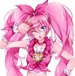 Rule 34 | 10s, 1girl, bare shoulders, blue eyes, bow, braid, chiyo (rotsurechiriha), collarbone, cure melody, houjou hibiki, one eye closed, pink bow, pink hair, precure, ribbon, solo, suite precure, twintails, wink