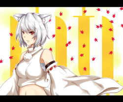 Rule 34 | 1girl, animal ears, autumn leaves, bare shoulders, breasts, detached sleeves, inubashiri momiji, kuroi no, leaf, looking at viewer, midriff, navel, pom pom (clothes), red eyes, sarashi, short hair, silver hair, solo, touhou, wolf ears