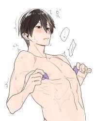 Rule 34 | 10s, 1boy, abs, black hair, blush, flat color, free!, male focus, megumi-square, muscular, nanase haruka (free!), nipples, topless male, solo, tagme, upper body, white background, yaoi