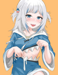 Rule 34 | 1girl, :d, animal hood, blue eyes, blue hair, blue hoodie, blunt bangs, blush, collarbone, fins, fish tail, gawr gura, gawr gura (1st costume), genmon, hair ornament, highres, hololive, hololive english, hood, hoodie, long sleeves, looking at viewer, multicolored hair, open mouth, shark girl, shark hood, shark print, shark tail, sharp teeth, simple background, smile, solo, streaked hair, tail, teeth, two side up, virtual youtuber, white hair, wide sleeves