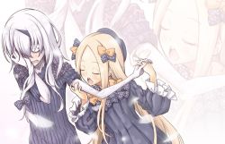 Rule 34 | 2girls, abigail williams (fate), albino, bite mark, black bow, black hat, blonde hair, blush, bow, closed eyes, commentary request, dress, fate/grand order, fate (series), hair bow, hand on own face, hat, holding hands, horns, imminent bite, interlocked fingers, lavinia whateley (fate), long hair, long sleeves, looking at another, multiple girls, open mouth, orange bow, pale skin, parted bangs, pink eyes, polka dot, polka dot bow, ribbed dress, single horn, white hair, yamazaki kana, yuri