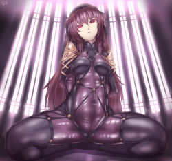 Rule 34 | 1girl, armor, bodysuit, breasts, cameltoe, covered navel, fate/grand order, fate (series), long hair, looking at viewer, medium breasts, pauldrons, purple bodysuit, purple hair, red eyes, scathach (fate), scathach (fate), shoulder armor, silver bell (artist), solo, veil, very long hair