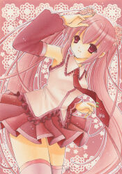 Rule 34 | alternate color, asapon, cherry blossoms, cherry hair ornament, detached sleeves, floral background, flower, food-themed hair ornament, hair flower, hair ornament, hatsune miku, lace background, long hair, necktie, pink eyes, pink footwear, pink hair, pink necktie, pink skirt, pink sleeves, pink theme, pink thighhighs, sakura miku, signature, skirt, solo, thighhighs, twintails, very long hair, vocaloid