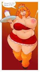 Rule 34 | 1girl, belly, breasts, camerupt, creatures (company), eikasianspire, fat, game freak, gen 3 pokemon, highres, huge breasts, lactation, nintendo, nipples, one eye closed, orange hair, pokemon, pokemon (creature), red eyes, solo, speech bubble, thick thighs, thighs, tray, wide hips, wink