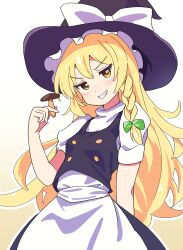 Rule 34 | 1girl, apron, arm at side, black hat, black vest, blonde hair, blush, bow, braid, commentary, cowboy shot, double-parted bangs, gradient background, green bow, grin, hair between eyes, hair bow, hand up, hat, hat bow, highres, holding, holding mushroom, jitome, kirisame marisa, long hair, looking at viewer, mushroom, noyama takenoko, puffy short sleeves, puffy sleeves, shirt, short sleeves, sidelocks, simple background, single braid, smile, smirk, solo, standing, touhou, v-shaped eyebrows, very long hair, vest, white apron, white bow, white shirt, witch hat, yellow background, yellow eyes
