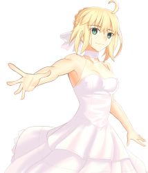 Rule 34 | 1girl, absurdres, ahoge, alternate costume, artoria pendragon (all), artoria pendragon (fate), bare shoulders, blonde hair, braid, braided bun, breasts, cowboy shot, dress, fate/stay night, fate (series), green eyes, hair bun, highres, katidoki, medium breasts, outstretched arms, ribbon, saber (fate), short hair, smile, solo, white background, white dress, white ribbon
