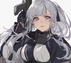 Rule 34 | 1girl, ak-12 (girls&#039; frontline), aogisa, arm up, artificial eye, assault rifle, bad id, bad pixiv id, black gloves, braid, breasts, french braid, girls&#039; frontline, gloves, gun, half gloves, high ponytail, highres, holding, holding gun, holding weapon, large breasts, long hair, looking at viewer, mask, mechanical eye, open mouth, rifle, sidelocks, silver hair, solo, tactical clothes, weapon, white background