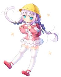 Rule 34 | 10s, 1girl, backpack, bag, beads, blue eyes, blunt bangs, blush, capelet, charm (object), dragon girl, dress, full body, hair beads, hair ornament, kanna kamui, kobayashi-san chi no maidragon, long hair, looking at viewer, matokechi, randoseru, red footwear, shoes, short dress, silver hair, simple background, slit pupils, smile, solo, thighhighs, thighs, twintails, white thighhighs, zettai ryouiki