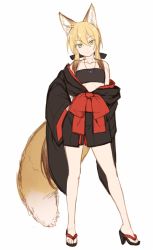 Rule 34 | 1girl, animal ears, belt bra, blonde hair, commentary request, contrapposto, flip-flops, fox ears, fox tail, full body, green eyes, hair between eyes, hand on own hip, head tilt, high heels, japanese clothes, jewelry, kimono, looking at viewer, necklace, obi, off shoulder, original, sandals, sash, simple background, smile, solo, standing, tail, white background, yagi (ningen)
