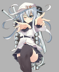 Rule 34 | 10s, 1girl, bad id, bad pixiv id, black thighhighs, blue eyes, blush, grey background, hammer and sickle, hat, hibiki (kancolle), highres, kaipankun, kantai collection, long hair, looking at viewer, one eye closed, outstretched arms, personification, school uniform, serafuku, silver hair, skirt, solo, star (symbol), thighhighs, verniy (kancolle), wink