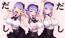 Rule 34 | 10s, 1girl, ahegao, arms up, between breasts, blue eyes, blush, breasts, cleavage, cupping hand, dagashi kashi, double v, fellatio gesture, flower, food, hair flower, hair ornament, hairband, large breasts, looking at viewer, nail polish, oishinbo, open mouth, popsicle, purple hair, sexually suggestive, shidare hotaru, short hair, shoujo donburi, smile, solo, tongue, tongue out, umaibou, v